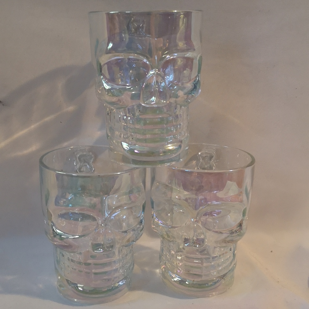 Set of Three Large Glass Skeleton Style Mugs with Bone Handles Iridescent Finish